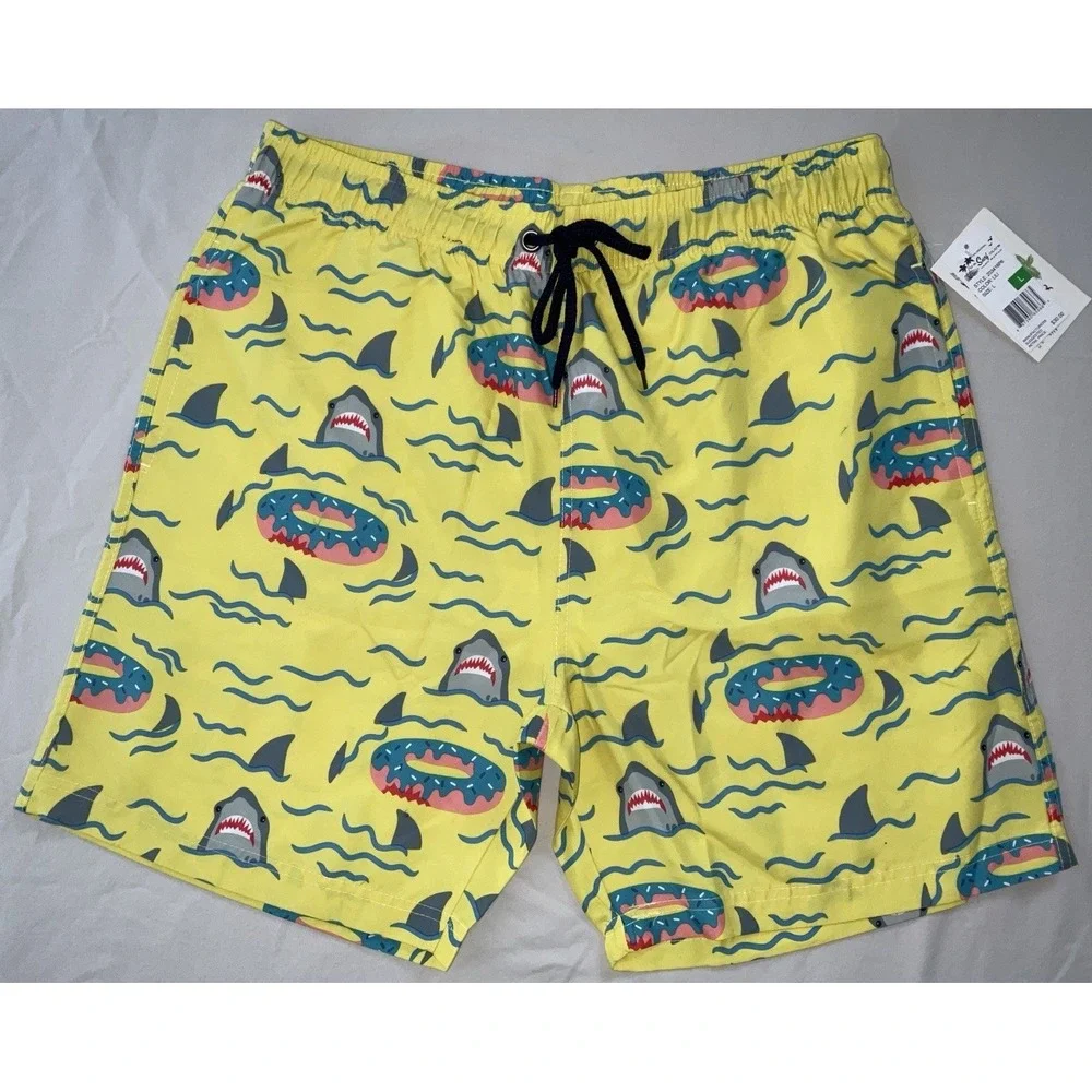 NWT Men's U.S. Surf Club Oahu, Hawaii Shark Donut Floaty Yellow Swim Trunks‎ - L